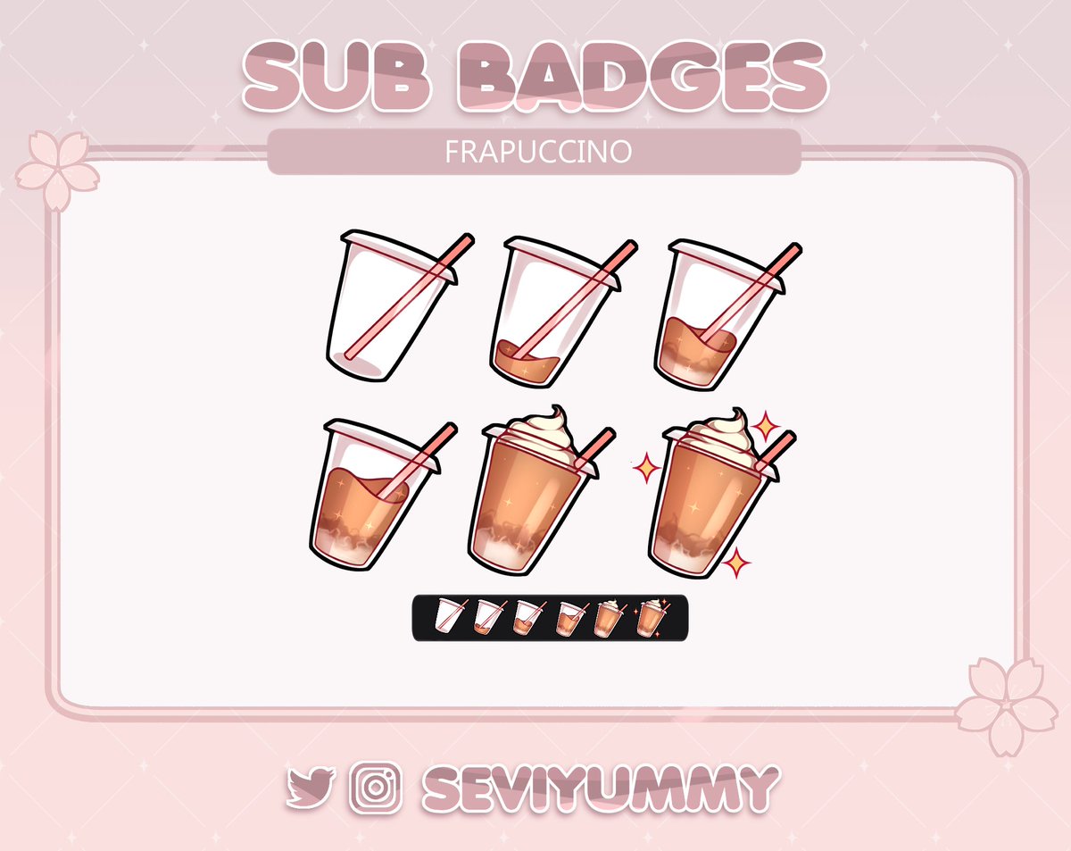 ☕️  Frapuccinos ☕️
Pre-made sets of sub-badges!

🌸💲5⃣ usd the whole set ^^🌸

You can find these and more here:

✨ etsy.com/shop/SeviYummy
✨ ko-fi.com/seviyummy/shop