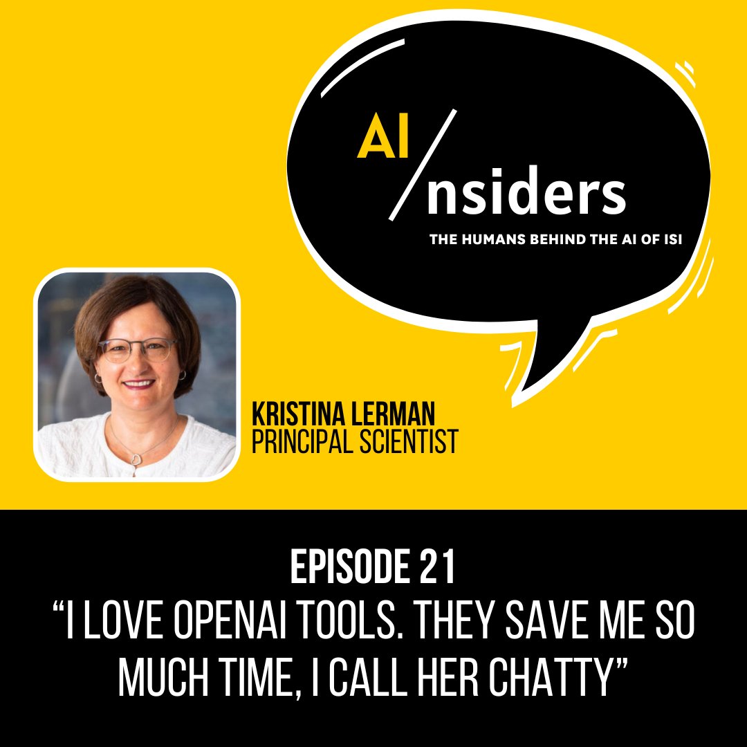 AI/nsiders, ISI's podcast, is hosted by AI Division Director Adam Russell. In this week's episode, @KristinaLerman , a principal scientist at ISI, discusses the path that brought her to AI, from photography to physics. Listen now: bit.ly/3TBDE8I