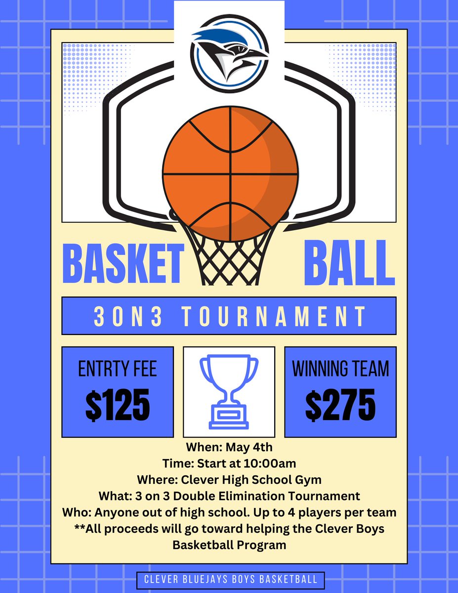 Clever Boys Basketball team will be hosting a 3 on 3 basketball tournament. Please see flyer below for details. Click on the link for more information and to sign up! 

forms.gle/kGR5tRVtwwys9Q…