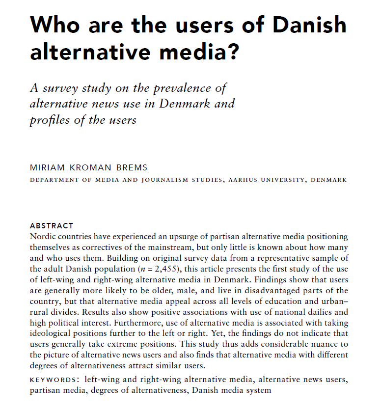 Happy to see my article published in Nordicom Review (@Nordicom_GU)

In it, I ask the simple question: Who are the users of Danish alternative media?

The findings add considerable nuance to the often stereotypical image of alternative news users (see below)