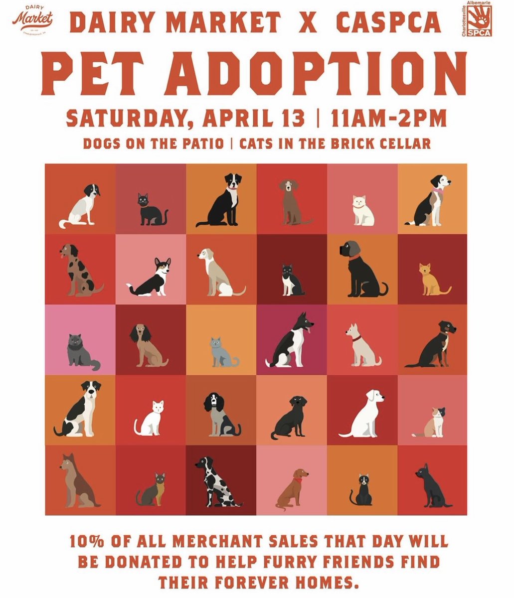 Wow... we LOVE this!🐶CASPCA and @dairymarketcville are holding their Inaugural Spring Pet Adoption event on Saturday, April 13th from 11AM until 2PM! facebook.com/events/1129354… #cvillepetadoption #charlottesville #charlottesvilleva #cvilledogs #cvillepuppies #cvillespca #caspca