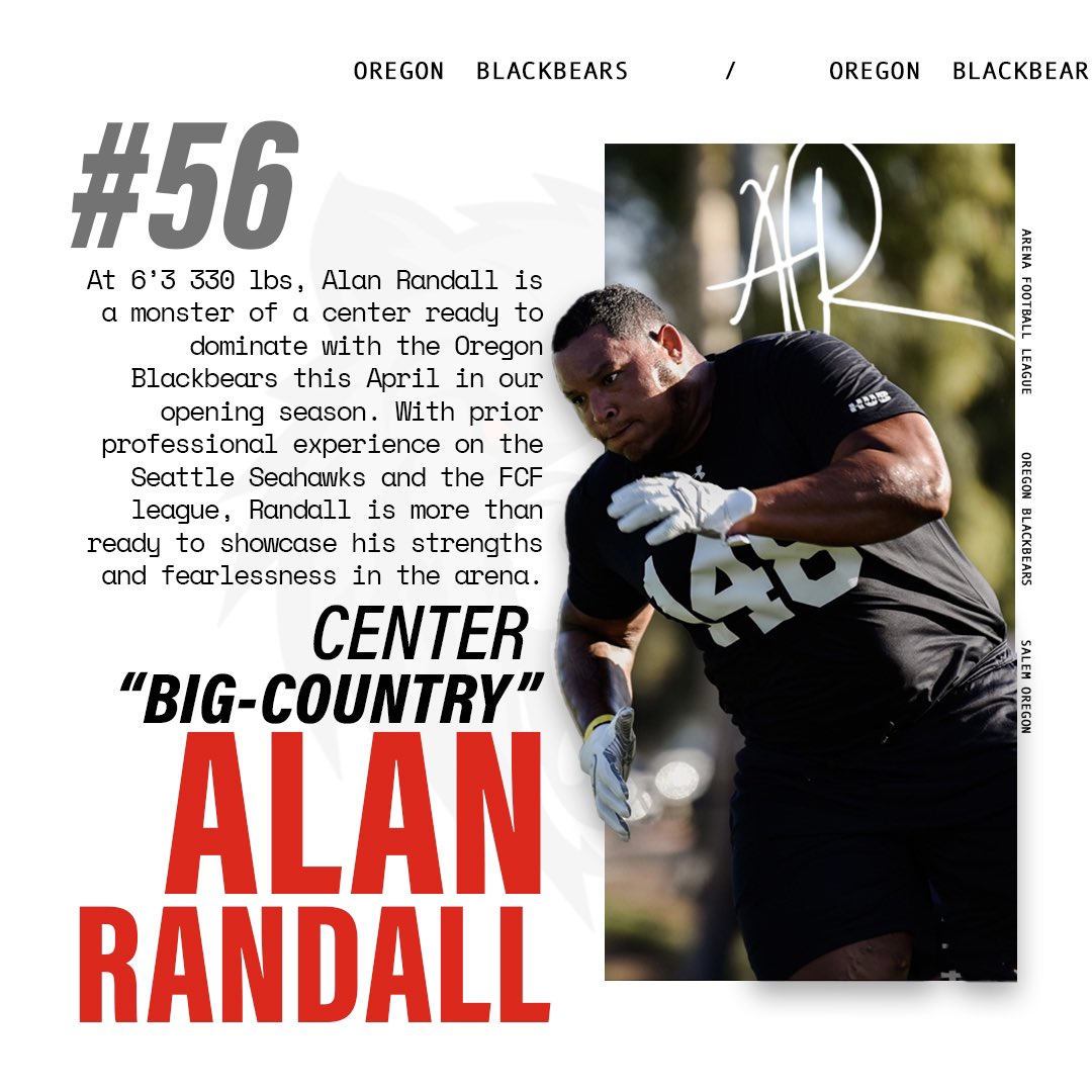 The Oregon BlackBears welcome Alan Randall to the team! 🏈Come witness Randall's skills and abilities at the Oregon State Fair and Exposition Center in Salem, Oregon on Saturday April 27 against the our rivals the Washington Wolfpack 🐺

#afl2024 #oregonblackbears #arenafootball