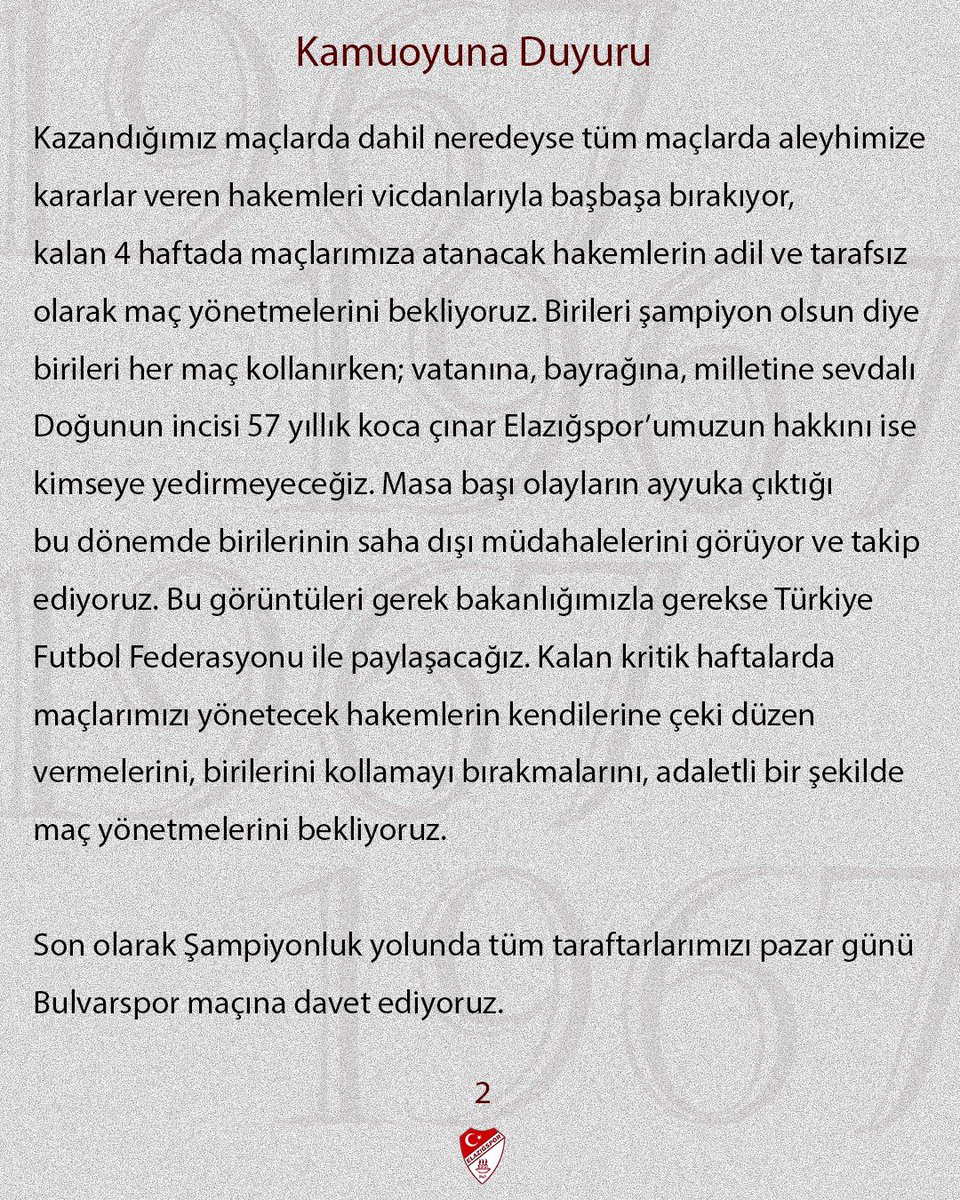 futbolarena's tweet photo. Elazığspor: "Masa başı olayların ayyuka çıktığı bu dönemde birilerinin saha dışı müdahalelerini görüyor ve takip ediyoruz. Bu görüntüleri gerek bakanlığımızla gerek TFF ile paylaşacağız. Kalan haftalarda maçlarımızı yönetecek hakemlerin kendilerine çeki düzen vermelerini, birilerini kollamayı bırakmalarını, adaletli bir şekilde maç yönetmelerini bekliyoruz."