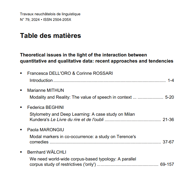 woposs's tweet photo. This is a special issue of the journal #TRANEL "Travaux neuchâtelois de linguistique" and it collects papers by
🖊️Marianne Mithun, @Fede_Bgh, @paolamarongiu_ and Bernhard Wälchli, with an introduction by the editors

All papers are available in #OpenAccess🌍 
Check it out!👀📰 https://t.co/e9368r0v0x