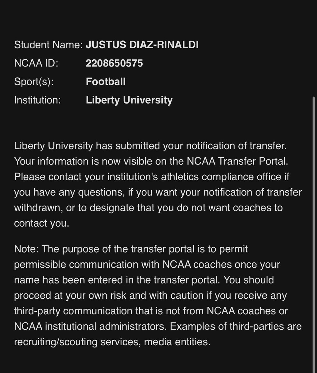 Justus Diaz-Rinaldi (@justus77498368) on Twitter photo Thankful for my time at Liberty University. With that being said, I have entered the transfer portal with 4 years of eligibility. Wide receiver transferring from a top 25 program. <a href="/Greg_Russo/">Greg Russo</a> <a href="/PCFB_Paladins/">Paramus_CatholicFB</a> <a href="/footballcoachal/">Coach Gav</a> Thankful for my time at Liberty University. With that being said, I have entered the transfer portal with 4 years of eligibility. Wide receiver transferring from a top 25 program. <a href="/Greg_Russo/">Greg Russo</a> <a href="/PCFB_Paladins/">Paramus_CatholicFB</a> <a href="/footballcoachal/">Coach Gav</a>