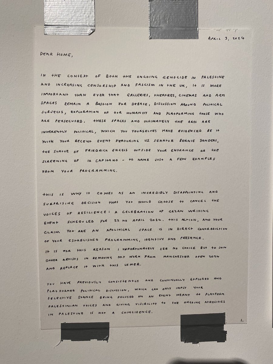 molssimp's tweet photo. 🚨 Artists are removing their artwork from @HOME_mcr in protest of the venue’s decision to cancel an event celebrating Palestinian stories. 

One artist accuses the venue of having “contributed to the silencing of Palestinian voices at a time when they most need to be heard” https://t.co/2nkg9Qt0kq