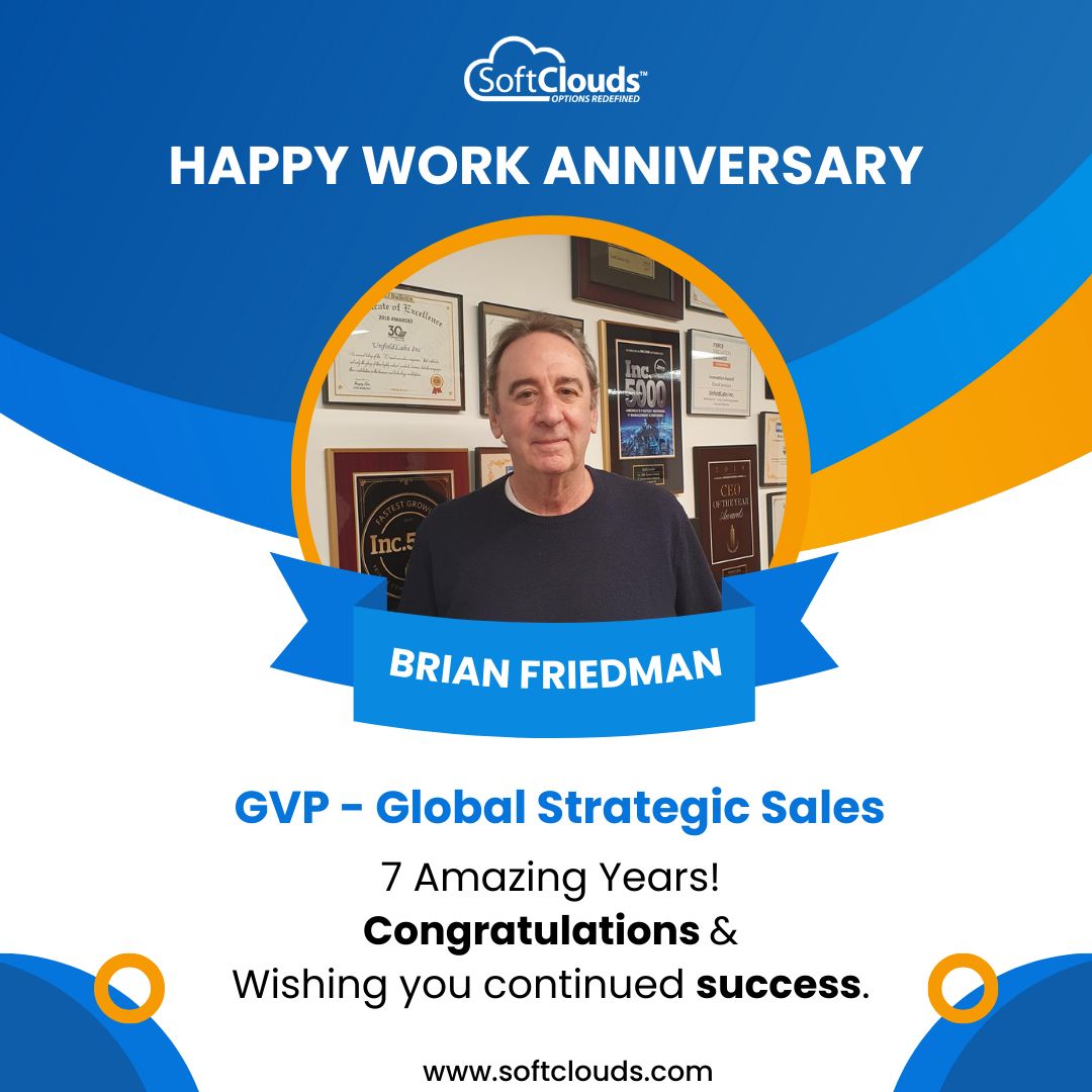 Congratulations @BFCXguru, on reaching 7 fantastic years with us! Your #leadership continually exemplifies #SoftClouds culture of #innovation. We're grateful to have you, #Brian! Here's to celebrating your achievements & looking forward to many more successful years together!