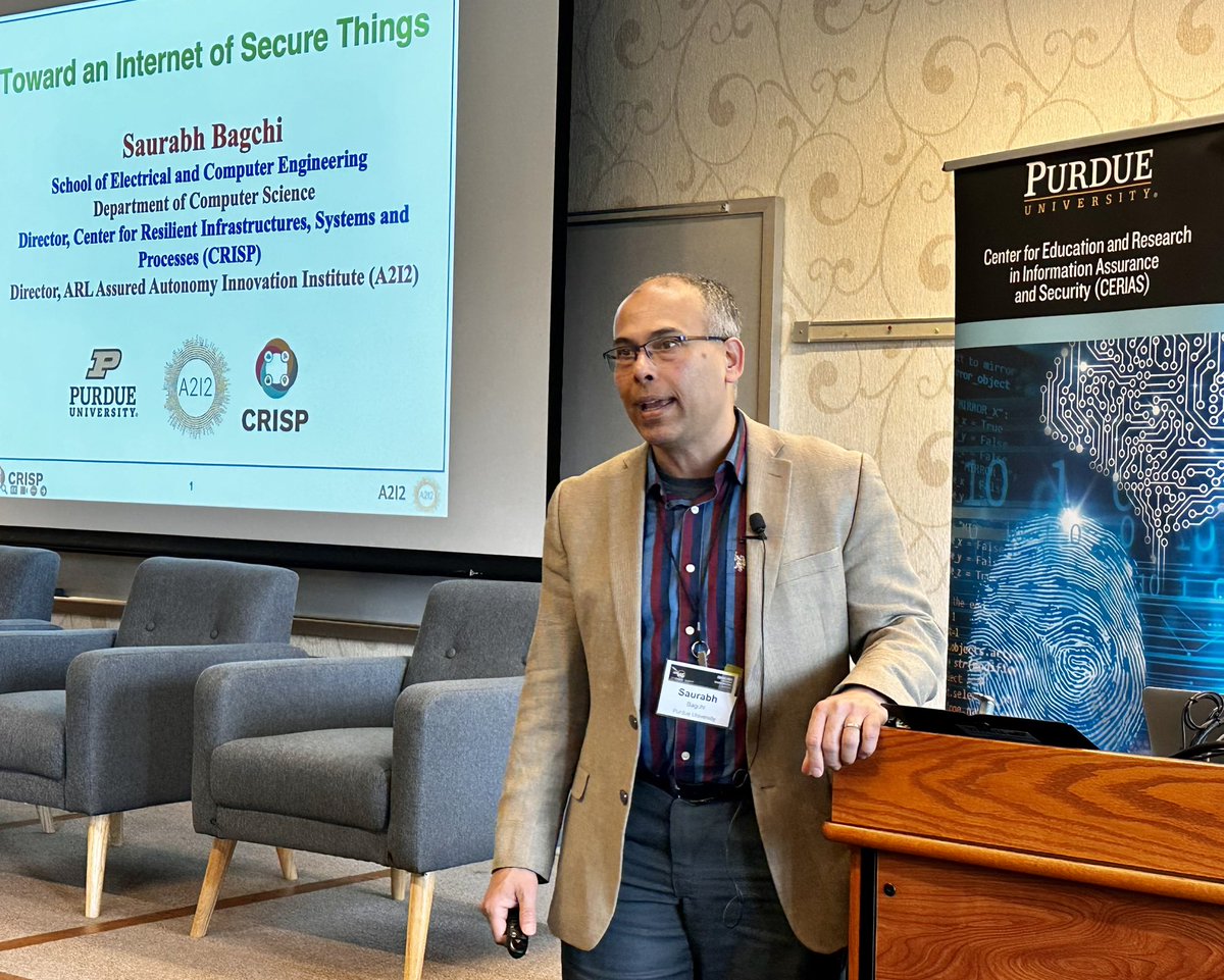 Long time @cerias affiliated faculty @bagchi_saurabh of @PurdueECE presenting “Toward an Internet of Secure Things” at the 25th Annusl @cerias Security Symposium, Purdue University. @Research_Purdue @PurdueEngineers #cybersecurity #embeddedsystems #IoT