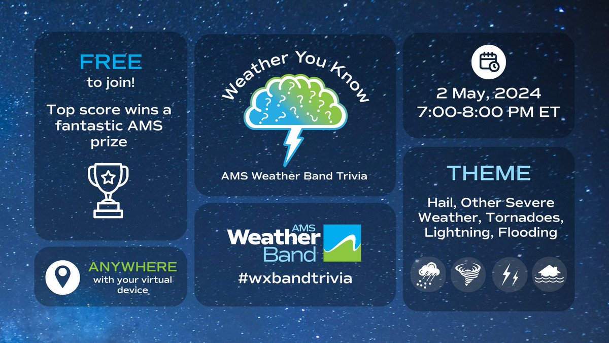 ametsoc's tweet photo. We're thrilled to announce that our #wxbandtrivia will be on 2 May📢
Whether you're keen to compete against weather professionals, students, fellow weather enthusiasts, or simply eager to gain insights, this event is for you!

Register for this FREE event: https://t.co/k6rAVPAqca https://t.co/deigM3gwq5