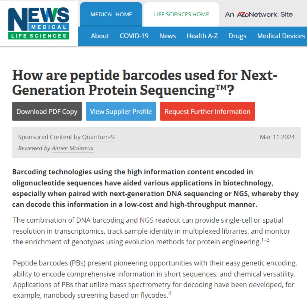 Check out @NewsMedical to discover how peptide barcoding is done by utilizing Next-Generation Protein Sequencing™ on Quantum-Si’s instrument, Platinum® Read: bit.ly/3J5eivi #quantumsi #qsi #proteomics #proteinsequencing #ngps #innovation #technology #research #health