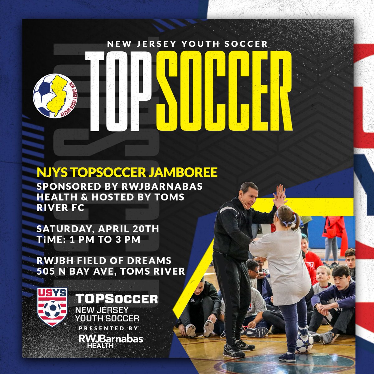 Our next NJYS TOPSoccer Jamboree Sponsored by @RWJBarnabas will be held from 1 PM to 3 PM on Saturday, April 20th! This free event will be hosted by @TomsRiverFC at RWJBarnabas Field of Dreams in Toms River. Register: tinyurl.com/yc4zku58