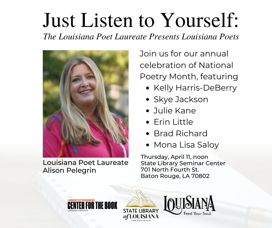 🗓️Mark your calendars! Our annual celebration of National Poetry Month will happen soon! Join us at the State Library at noon on Thursday, April 11.