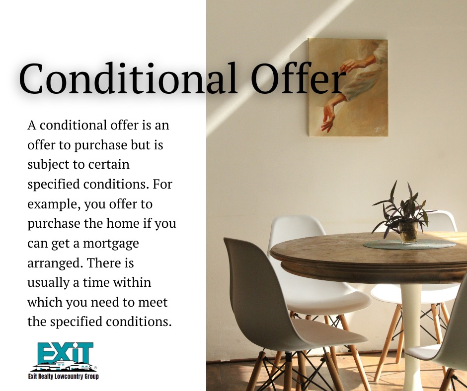 Whether you're buying or selling, knowing your options and rights regarding these offers is key to a successful real estate transaction.

#RealEstateTerms #ConditionalOffer #ContingentOffer #HomeBuying #HomeSelling #RealEstateTips #ExitRealtyLowcountryGroup