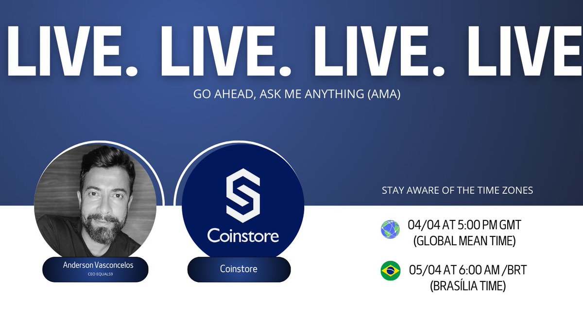 Back with another live session! This time, we have COINSTORE joining us for an exciting conversation. Our CEO, Anderson Vasconcelos, will be ready to answer all your questions about the EQ9 token. 📅 Date: 04/05 🕒 Time: 6:00 am BRT and 5:00 pm GMT #equals9 #COINSTORE #live #eq9