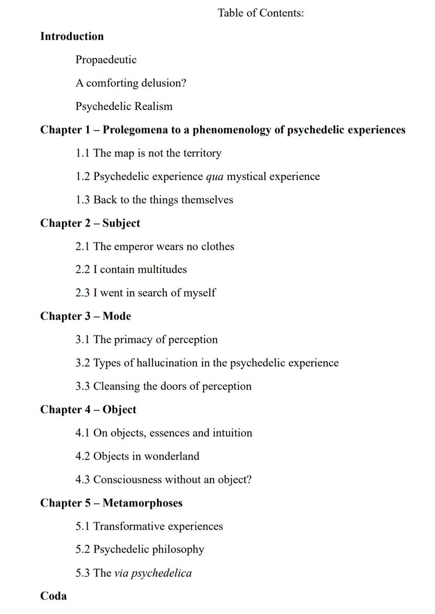 Preview of a table of contents for a phenomenological examination of the psychedelic experience.