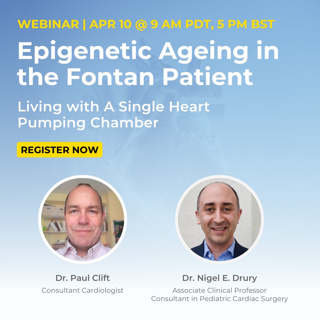 Join us on 4/10! Discover a novel application of #epigenetic #aging analysis on individuals born with a single ventricle heart condition and the potential for a novel treatment opportunity to reduce the clinical effects of premature aging. Register Now: webinars.zymoresearch.com/ref/F2aWRI1kTI…