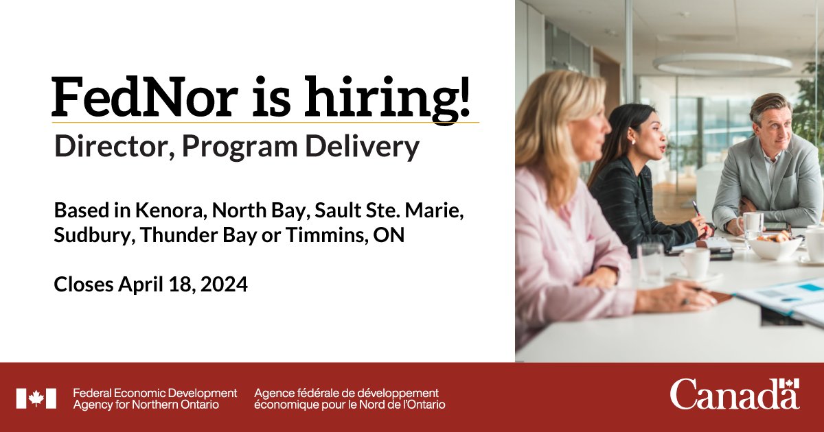 #FedNor is hiring a Director of Program Delivery! Join our team to help shape the organization, lead our vision and strategy, and to play a lead role in economic development in #NorthernOntario. Apply by April 18, 2024. emploisfp-psjobs.cfp-psc.gc.ca/psrs-srfp/appl… @jobs_gc #GCjobs