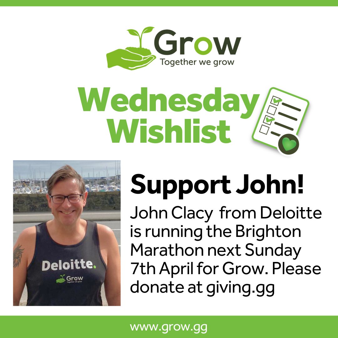 For this week’s Wednesday Wishlist, we are asking if you can support John Clacy at giving.gg. John is running for Grow in the 2024 Brighton Marathon. Good luck, John! #brightonmarathon #DeloitteinGuernsey