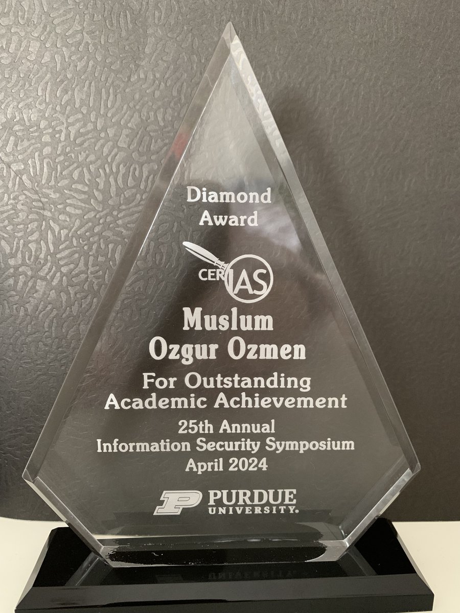 I am honored to receive the Diamond Award from <a href="/cerias/">CERIAS at Purdue U.</a>. I would like to thank all my mentors and collaborators, especially Dr. <a href="/ZBerkayCelik/">Berkay Celik</a>, for his guidance and support. Special thanks to the <a href="/cerias/">CERIAS at Purdue U.</a> leadership, including Dr. Dongyan Xu, Dr. <a href="/TheRealSpaf/">Gene Spafford</a>, and <a href="/joel_rasmus/">The Ghost of Cyber Past</a>!