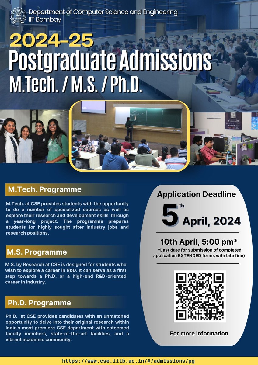 📢 CSE at IIT Bombay is inviting applications for Postgraduate Programmes - M.Tech. / M.S. / Ph.D. For more information: cse.iitb.ac.in/#/admissions/pg