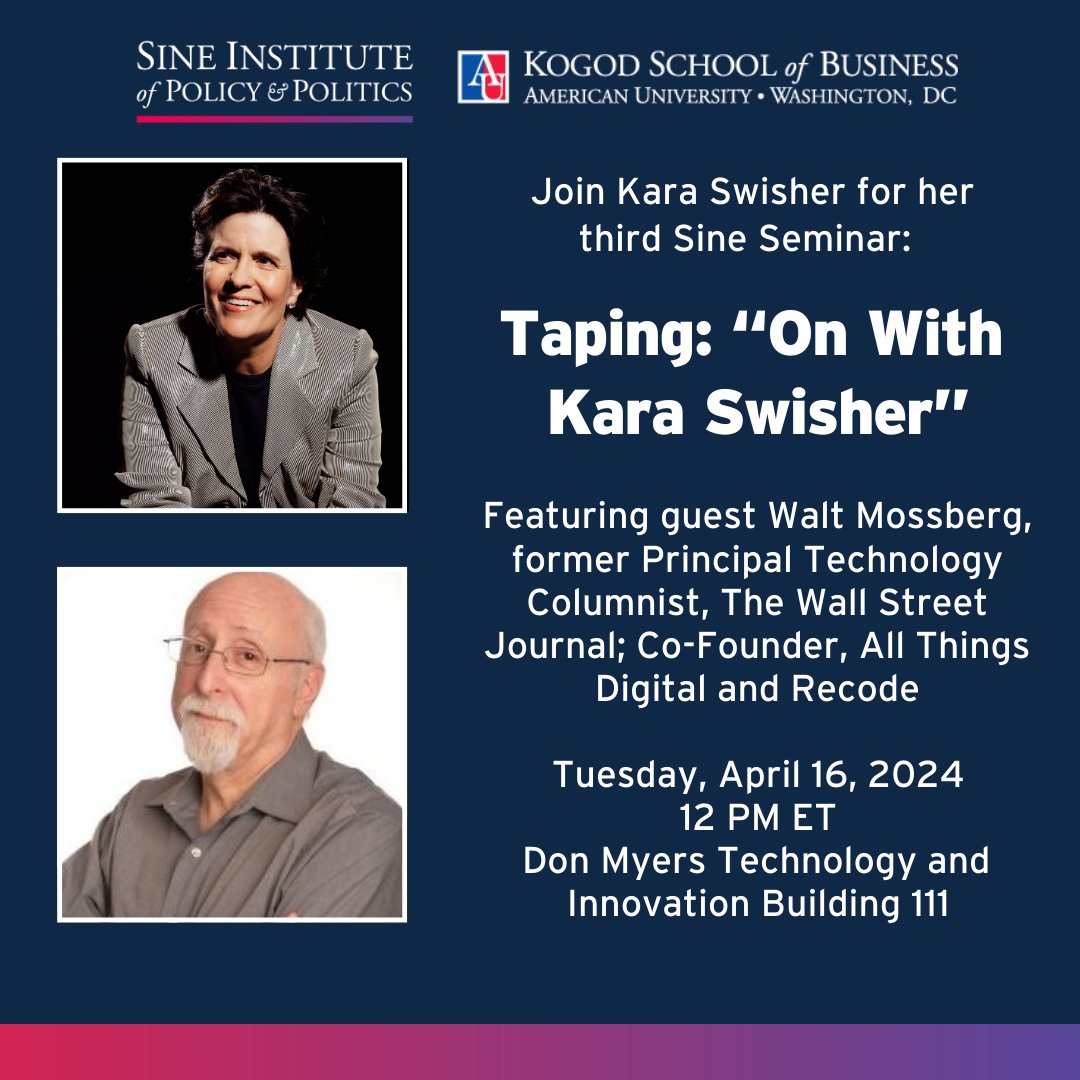 Mark your calendars! Kara Swisher is taping her podcast 'On With Kara Swisher' at her next #SineSeminar with guest Walt Mossberg on Tuesday, April 16 at 12 PM in DMTI 111. Register now for more entertaining expertise on the tech industry! american.swoogo.com/KaraSwisher