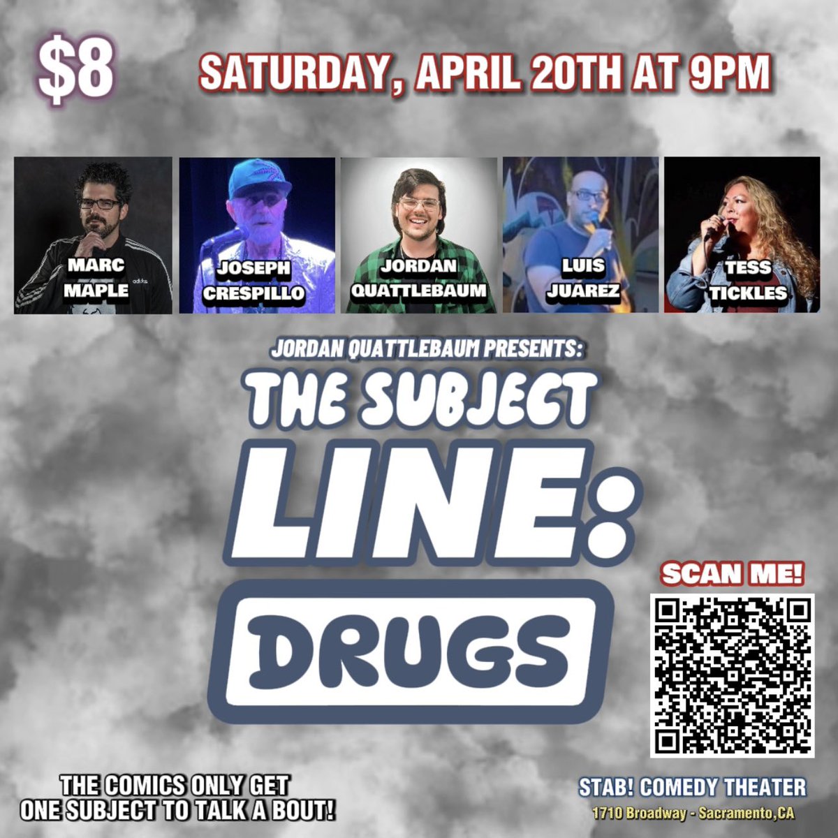 JordanQbaum's tweet image. Time to blaze it! For our 4/20 Subject Line show! This month’s subject of course is “DRUGS” so come on out at 9PM for $8 a ticket!!

Get Tickets Here:
shorturl.at/DMNP6
