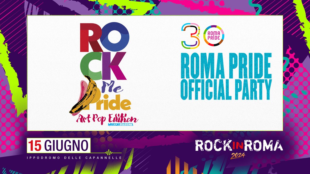Dopo lo strepitoso successo dello scorso anno, il party ufficiale del @Roma_Pride ritorna al Rock in Roma! 15 GIUGNO 2024 | ROCK ME PRIDE - Pop Art Edition @ Rock in Roma 📍 Ippodromo delle Capannelle Biglietti disponibili da ora su @TicketOneIT