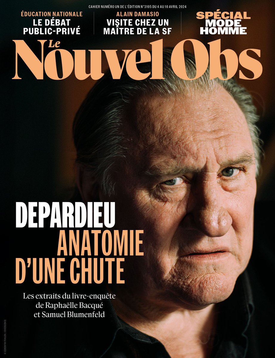 🗞️ Cette semaine dans @Le_NouvelObs Pendant des décennies, Gérard Depardieu a régné sur le cinéma français. Tout lui était permis, au prétexte qu'il était 'Gérard'. Aujourd'hui mis en examen pour viol, l’acteur est tombé de son piédestal. Comment ce monstre du septième art en…