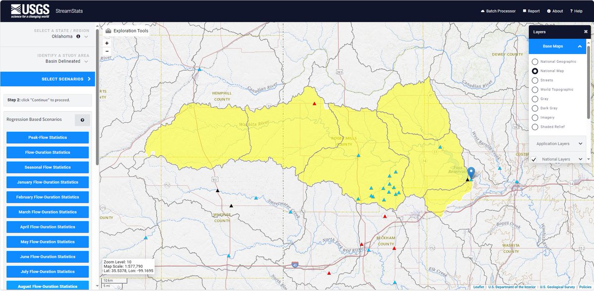 It's Watershed Wednesday again! Today we feature the watershed of @USGS_Oklahoma streamgage # 07324400 , Washita River near Foss, OK. 

Our Oklahoma application features 18 types of flow statistics and 20 different basin characteristics.