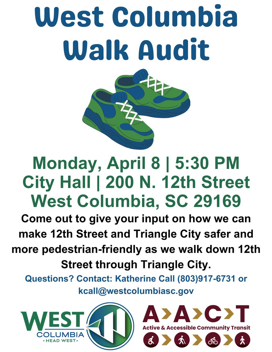 The City of West Columbia Walk Audit is Monday, April 8, at 5:30 PM. Come out to give your input on making this area safer and more pedestrian-friendly as we walk down 12th Street through Triangle City! #HeadWest #WeCoSC #WeCommunity