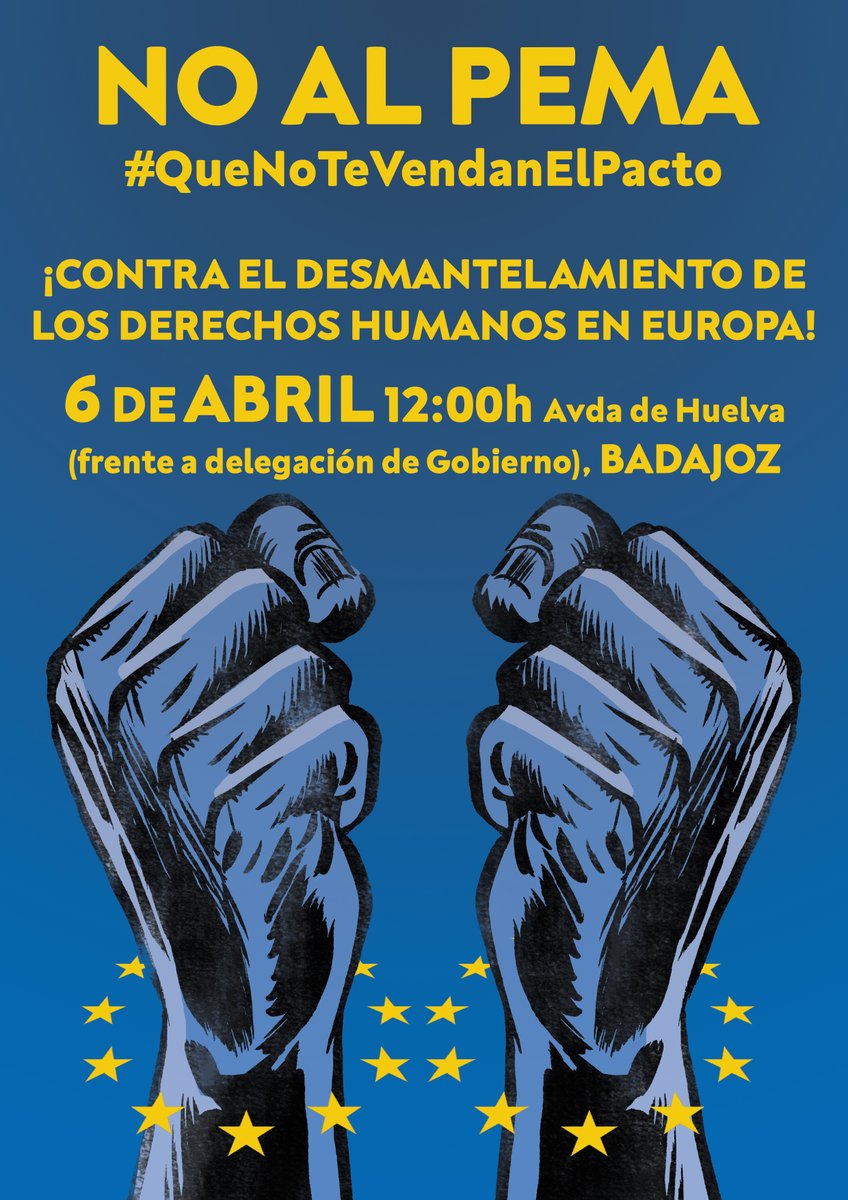 El 6 de Abril, Badajoz se unirá a las concentraciones contra el #PactoDeLaVergüenza que el día 11 la UE quiere adoptar en Bruselas. NO AL PEMA.
#NoalPEMA
#QueNoTeVendanElPacto
#StopPEMA
#NuestrosDerechosSonLosSuyos
#NingúnSerHumanoEsIlegal
Cedo mi trabajo para esta causa: