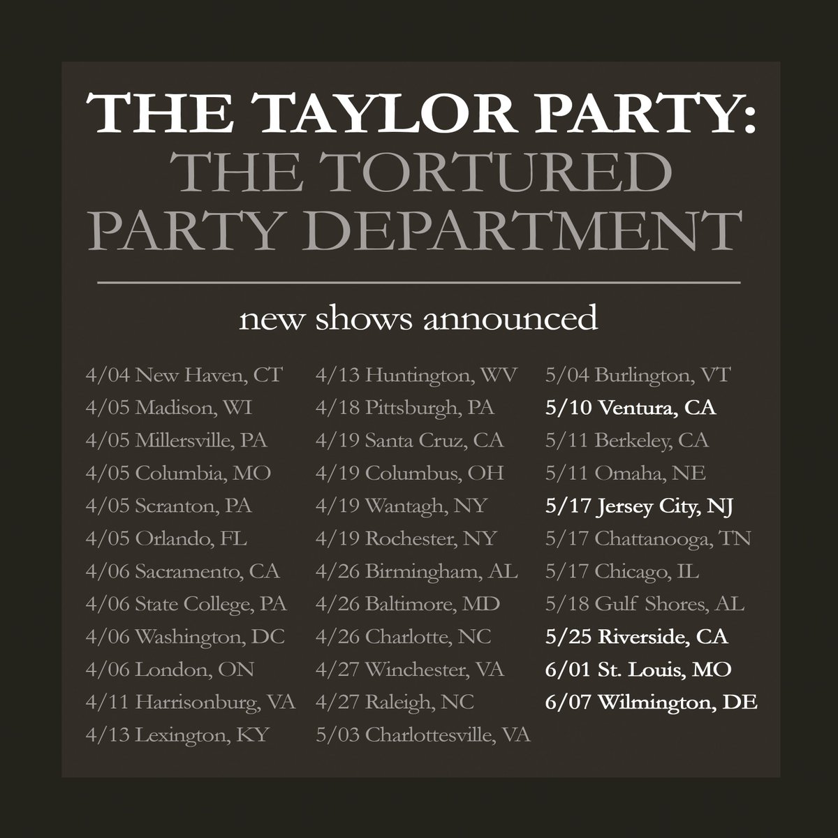 🤍NEW SHOWS ANNOUNCED🤍 The Tortured Poets Department Era is right around the corner! Did you get your member card yet? Lovers Club Presale begins tomorrow for the new additions, tickets on sale Friday💫 thetaylorparty.com