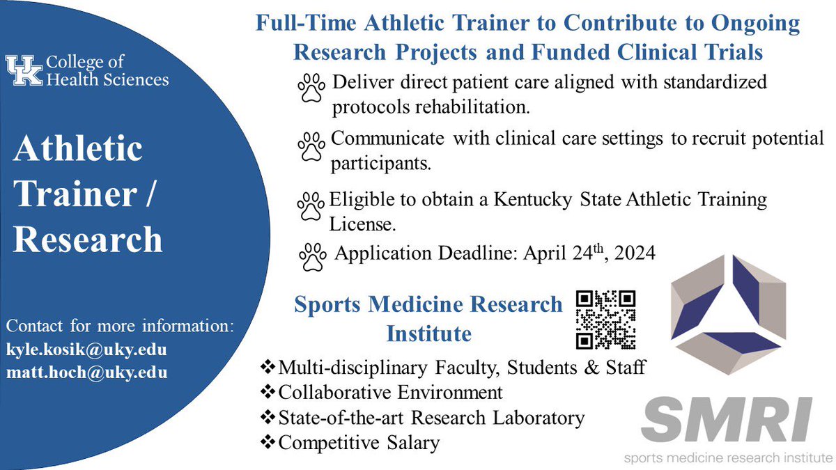 We are hiring a full-time Athletic Trainer to contribute to funded clinical trials investigating novel rehabilitation techniques for lower extremity injuries. See Infographic for more details and Apply here by April 24th: ukjobs.uky.edu/postings/519225