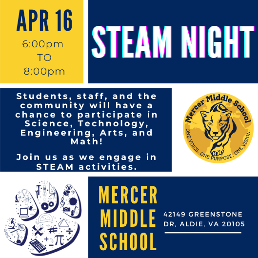 Mark your calendars for our annual STEAM night on April 16th! The event is open to the community. Hope to see you there!