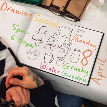 The Drawing Social is back on Mon 8 April 💥 We had to reschedule last month but we're back at Granby Winter Garden from 5pm. Creatives of all skills and backgrounds welcome, vegan snacks provided. Book your free ticket here: bit.ly/DS-Mon8Apr