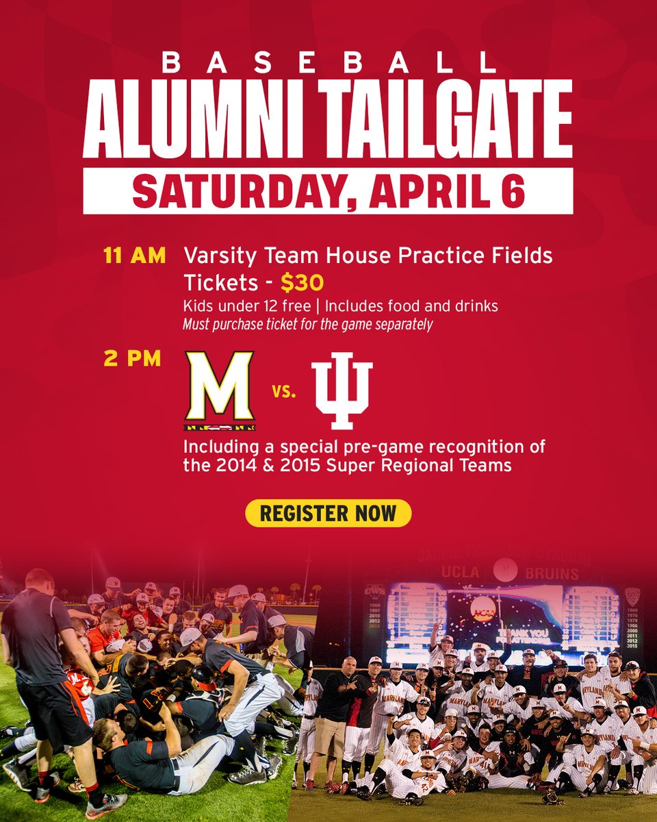 There is still time to sign-up for the @MClub_UMD and Terps Baseball Alumni Tailgate before the Indiana game on April 6. The tailgate will also feature a pregame recognition for the 2014 and 2015 Super Regional teams! Click Here to Sign-up➡️ go.umd.edu/49hC95H #DirtyTerps