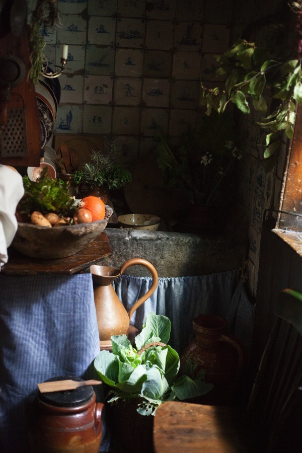 Fresh vegetables in the kitchen from the potagerie in April. Photography and styling by Amy Merrick Vegetables by @spitzcityfarm