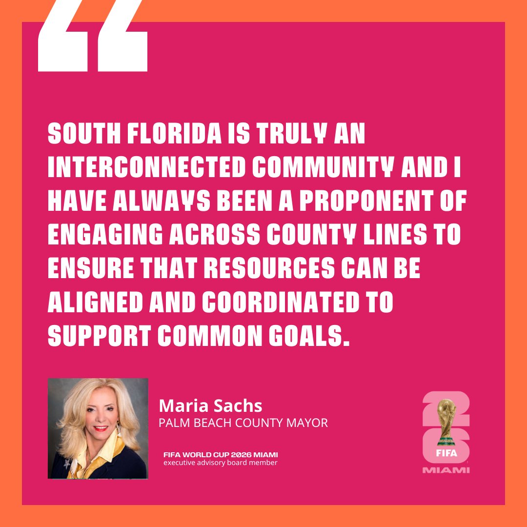 Thank you, Palm Beach County Mayor @MariaSachs, for joining the #FWC26Miami executive advisory board. Palm Beach County is an integral part of the South Florida community, and fans of the Beautiful Game appreciate your devotion! #WeAre26 #WeAreMiami #FWC26 #FWC @FIFAWorldCup