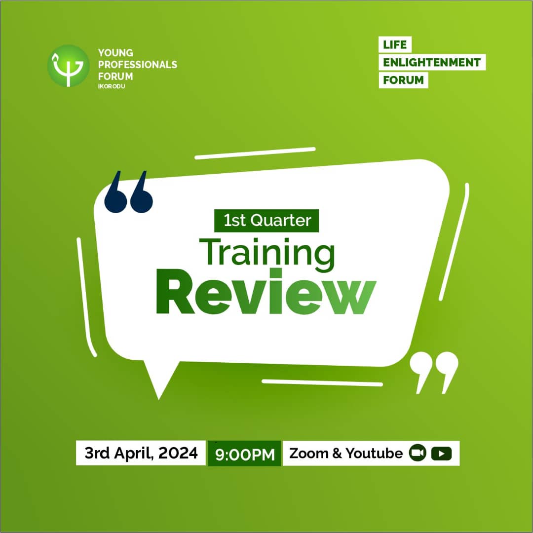 Review is a very veritable tool to get a comprehensive feedback. This helps product managers to know the impact of their product and how best to improve on it.

Join us as we do a review on topics treated on Q1 of our LEF trainings.

Date: Tonight 
Time: 9pm
Venue: Zoom & YouTube