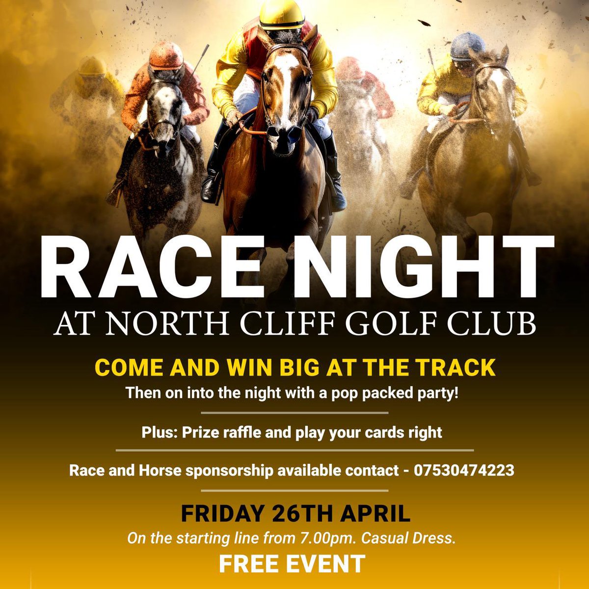 Absolutely delighted to let you all know about another great event we have planned at North Cliff Golf Club, get Friday 26th April marked down on your calendar now! #racenight
