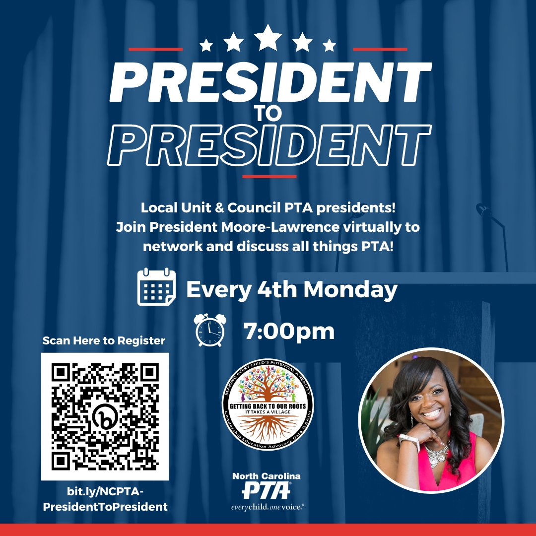 NCPTA's President to President virtual meeting resumes this month on Monday, April 22 at 7:00pm! Local Unit and Council presidents can register today at bit.ly/NCPTA-Presiden…