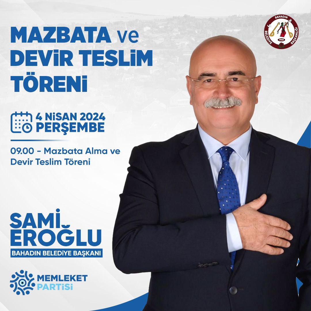 Bahadın Belediye Başkanımız Sami Eroğlu, Mazbata ve Devir Teslim Törenlerinin ardından görevine başlayacaktır. Gözün aydın Bahadın 🧿