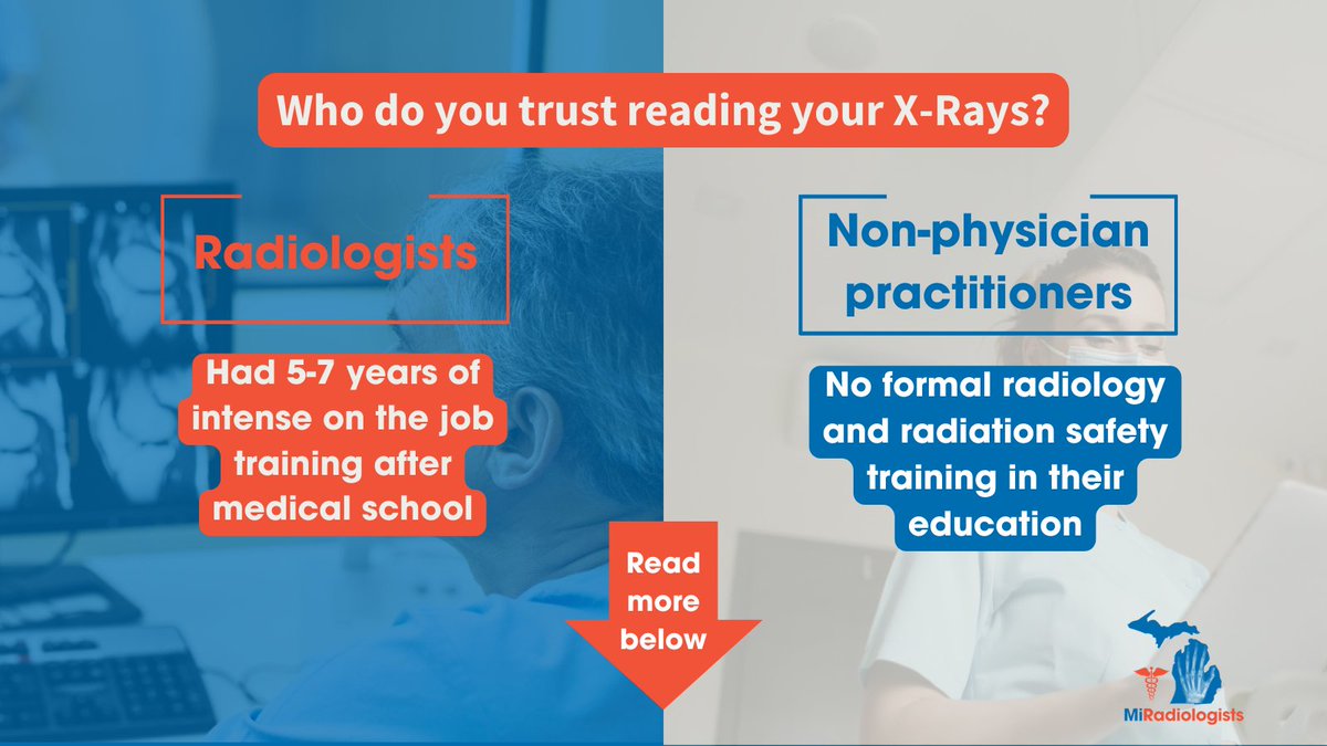 Who do you trust more with your care? Radiologist have 5-7 years of intense training after medical school. They must also pass a national board exam in image interpretation. Why would you trust anyone else? Read more: miradiologists.com/news/blog/why-… #Radiology #Radiologist #Healthcare