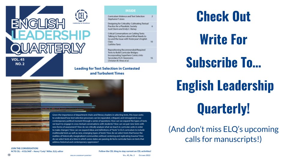 Did you know CEL has its own peer-reviewed journal? English Leadership Quarterly (ELQ)! ncte.org/resources/jour… A journal subscription comes with CEL membership. Only $25/year for NCTE members. #CEL_ELQ #CEL2