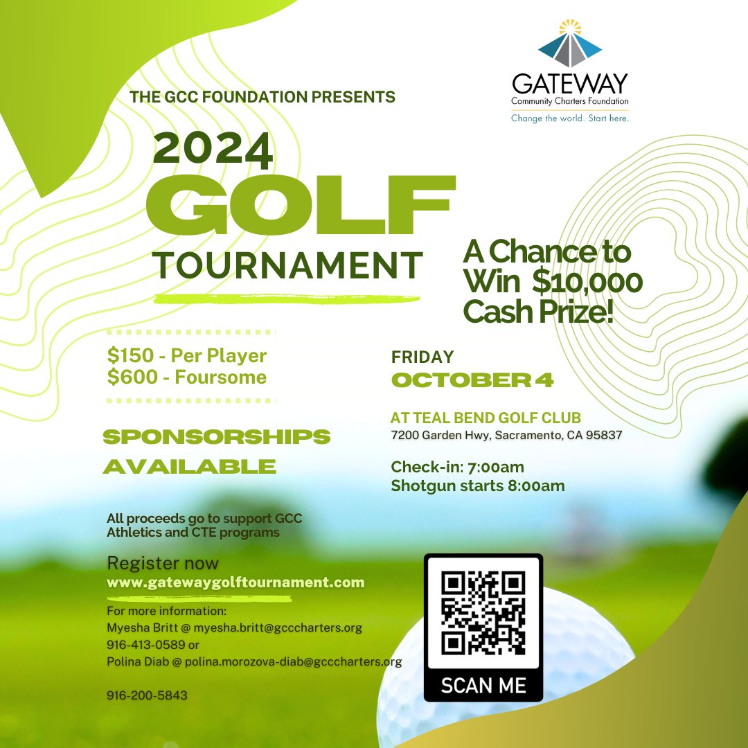 Save the Date! ⛳🏌️‍♀️ October 4 2024, marks our 12th Annual Golf Tournament at Teal Bend Golf Club. Funds support CTE and athletics at ALL GCC schools. Please consider a sponsorship or donation to support our programs! Register and find more information at gatewaygolftournament.com.