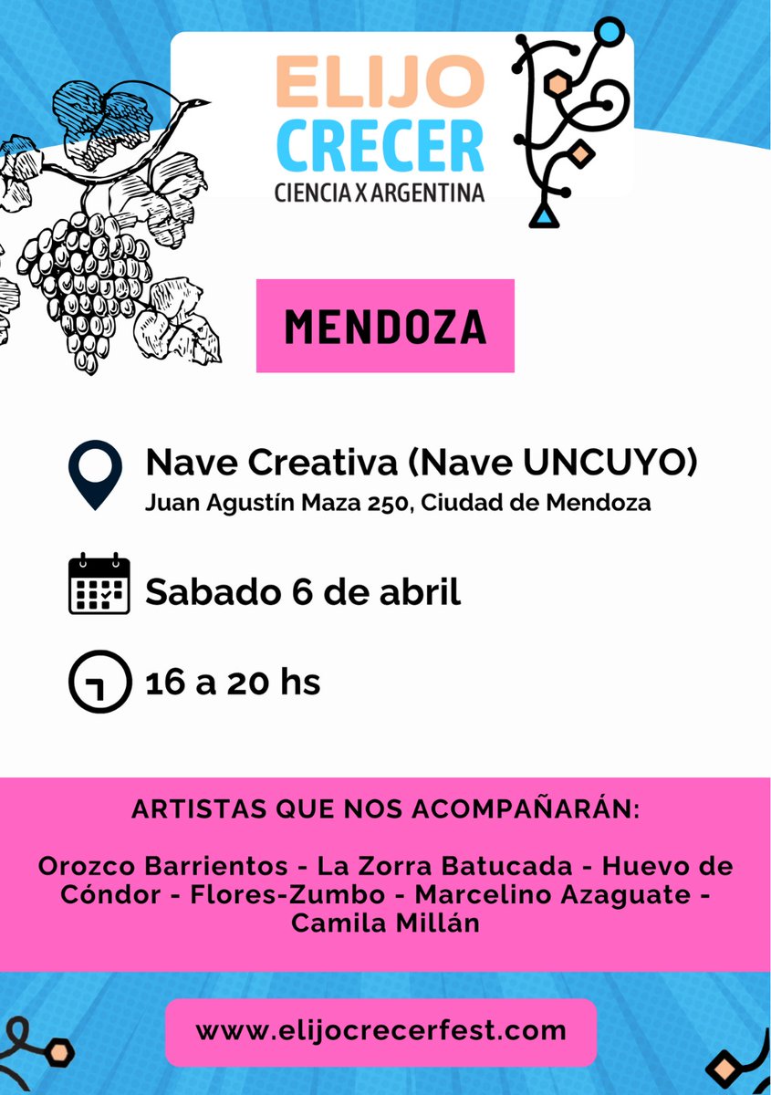 🧡 FESTIVAL FEDERAL POR LA CIENCIA #ElijoCrecer 🏔️ En Mendoza, te esperamos desde las 16 hs. en la Nave UNCUYO, en la calle Juan A. Maza 250 de Ciudad. * Charlas * Stands con distintas investigaciones * Actividades para las infancias * Propuestas artísticas