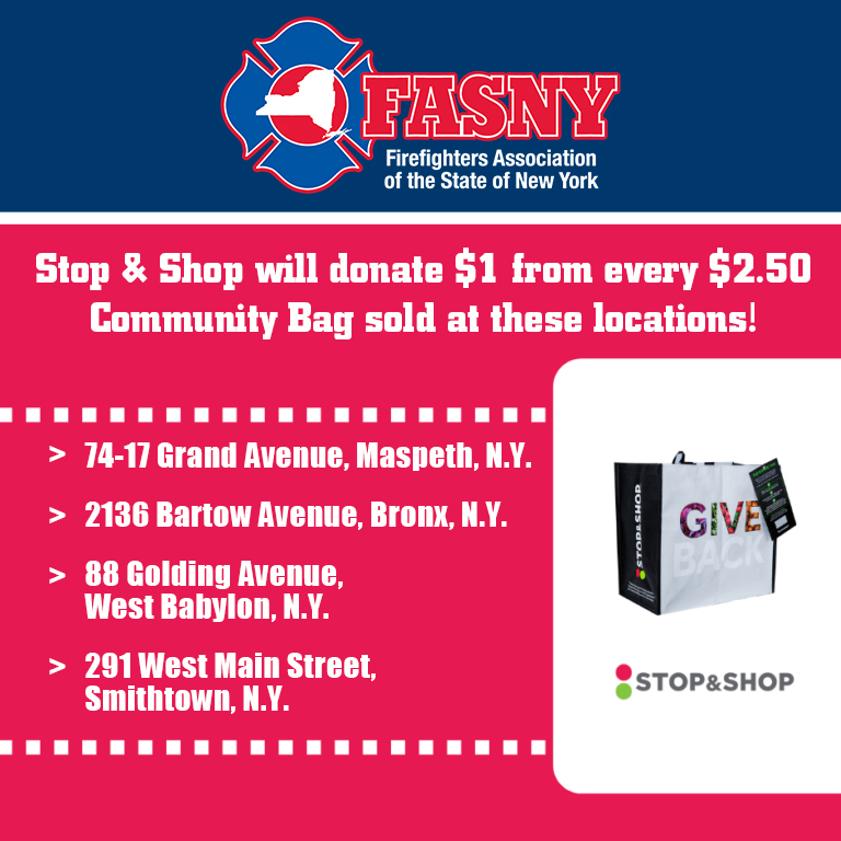 Join the cause and make a difference this April! For each $2.50 Community Bag you buy at @stopandshop Maspeth, Bronx, West Babylon, and Smithtown stores, the supermarket will donate $1 to FASNY. Grab a bag & support your local community! 🛍️ #FASNY #VolunteerFirefighter