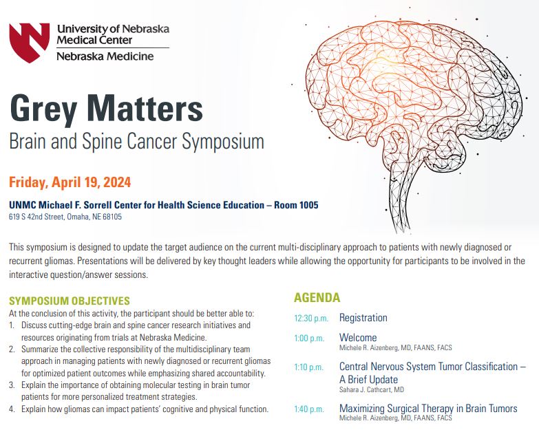 Register now to attend the Grey Matters symposium scheduled for April 19th! Join @MichAizenbergMD and her colleagues as they provide an update on the current multidisciplinary approach to patients with new or recurrent #gliomas. Register 👉 unmc.edu/cce/clinicmed/… @NeuroOnc