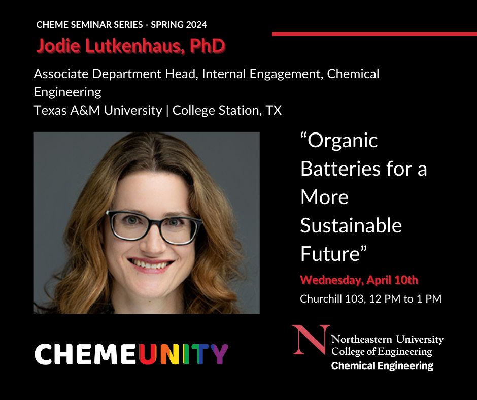 Last but not least in our Spring 2024 ChemE Seminar Series is Jodie Lutkenhaus, PhD. (@JodieLutkenhaus). She is a Professor and Associate Department Head of the Department of Chemical Engineering at Texas A&M University. #nucoe #chemicalengineering #chemeunity