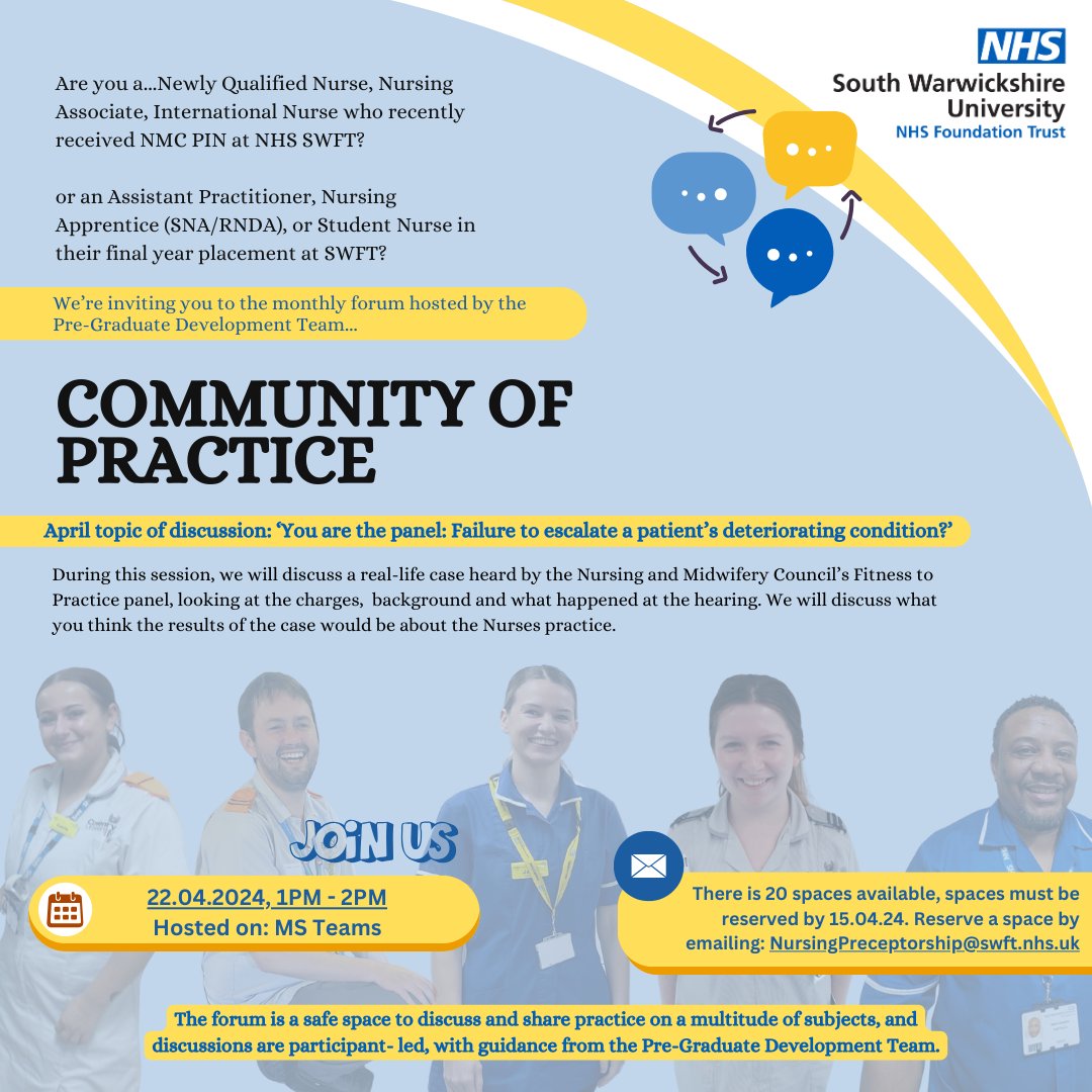 🌈Newly registered nurse and working at SWFT? don't forget you're invited to join the Community of Practice!📅⁠ The next session will focus on a real-life case heard by the NMC's Fitness to Practice panel! but this time you're the panel👏⁠ #newlyqualifiednurse #NHS